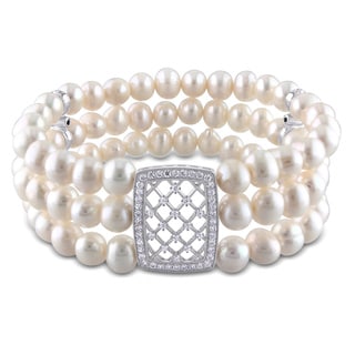 Miadora Sterling Silver Cultured Freshwater Pearl and Cubic Zirconia Bracelet (6-7 mm)