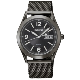 seiko men's silvertone black dial solar calendar watch