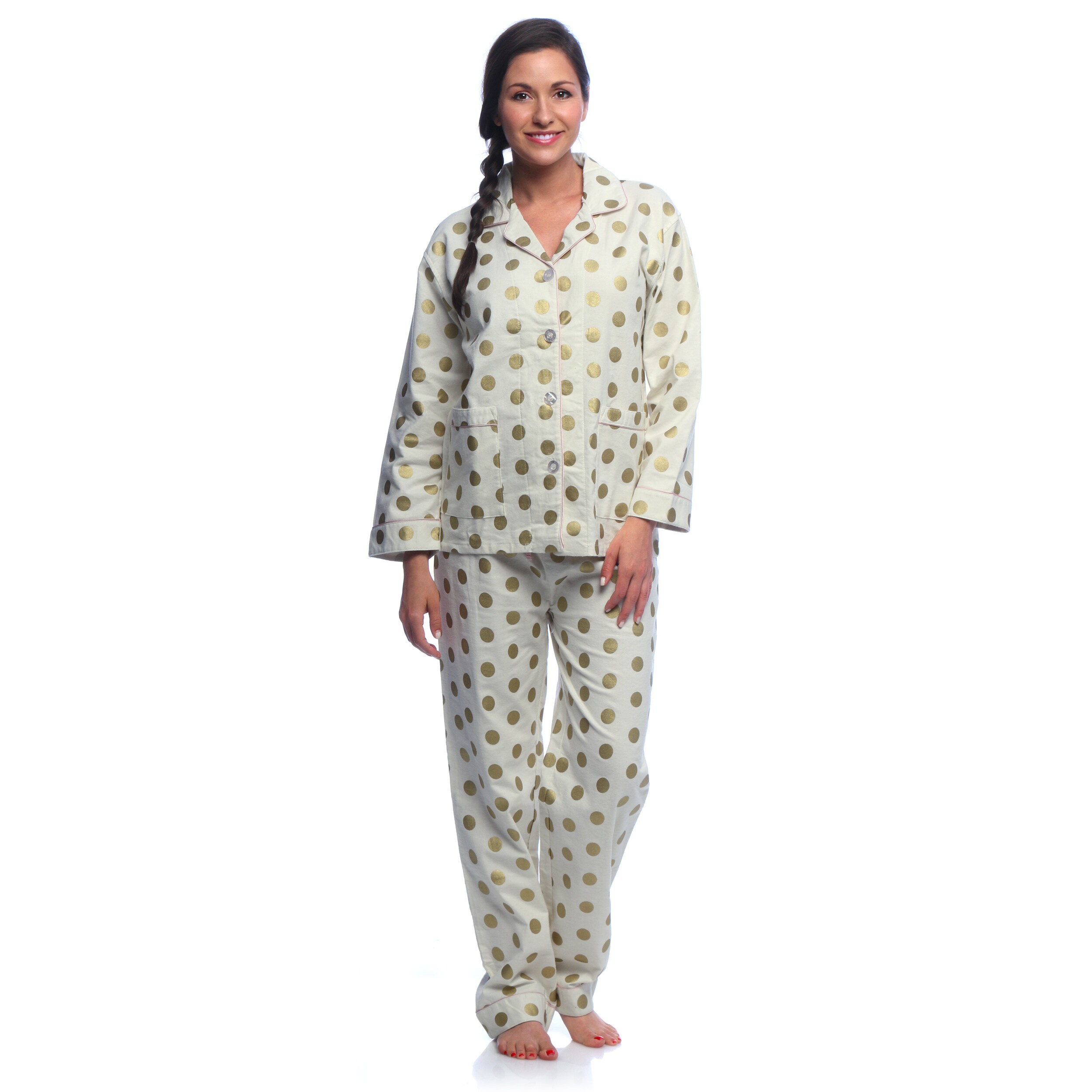 Aegean Apparel Women's Gold Dot Printed Flannel Pajama Set Overstock