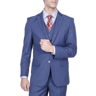 Men's Modern Fit Blue Birds-eye 2-button Vested Suit-Image