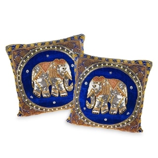 Set of 2 Elephant Embroidered Velvet Throw Pillow Cases (Thailand)