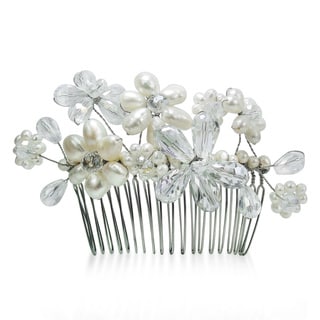 Floral Serenity White Pearls and Crystals Bridal Hair Comb (Thailand)-Image