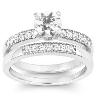 La Preciosa Sterling Silver Double-band Cubic Zirconia Bridal Set