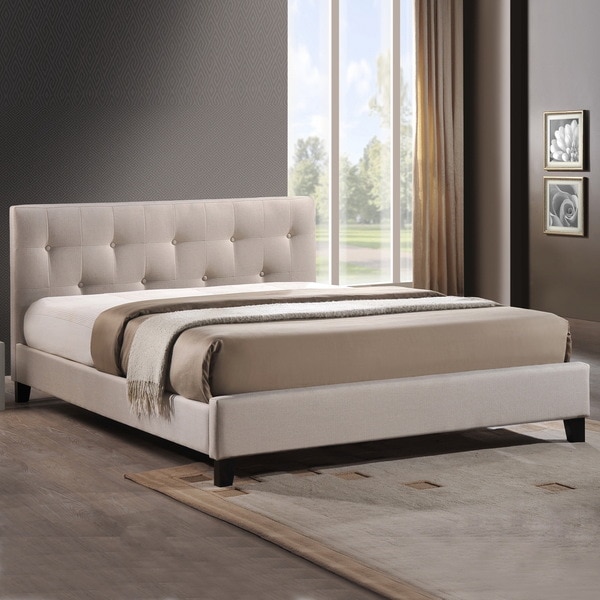 Baxton Studio Annette Light Beige Linen Modern Bed With Covered Buttons ...