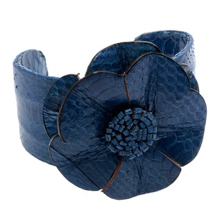 Base Metal Adjustable Blue Leather Flower Cuff Bracelet-Image