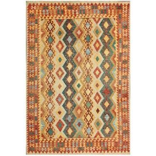 Huge Selection Herat Oriental Afghan Hand-woven Kilim Beige/ Teal Wool Rug (6'4 x 9'8)