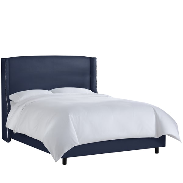 Made to Order Nail Button Wingback Bed in Linen Navy