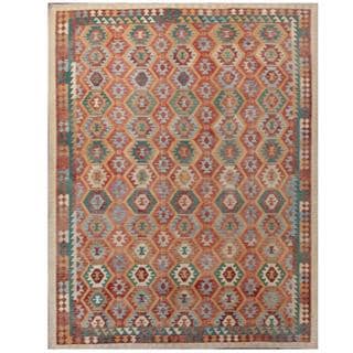 Low Price Herat Oriental Afghan Hand-woven Tribal Kilim Rust/ Teal Wool Rug (10'1 x 12'9)