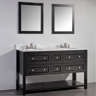 Low Price Espresso Finish Marble Top 60-inch Double Sink Bathroom Vanity with Dual Matching Framed Mirrors