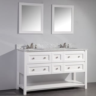 (>_<)  White Finish Marble Top 60-inch Double Sink Bathroom Vanity with Dual Matching Framed Mirrors