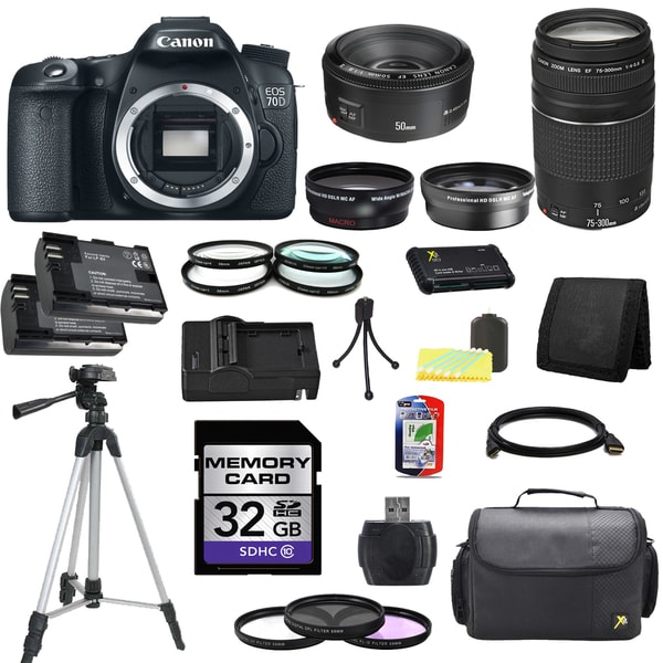 Canon EOS 70D DSLR Camera Body with EF 50mm f/1.8 II and EF 75-300mm f/4-5.6 III Lenses 32GB Bundle