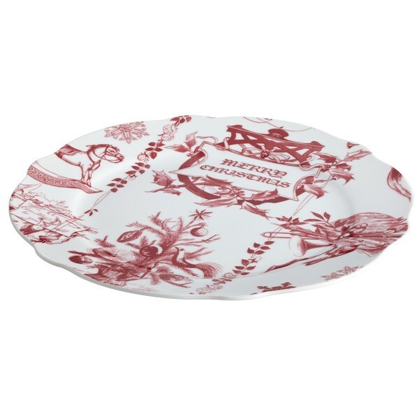 BonJour Dinnerware Yuletide Garland Print 12-inch Porcelain Stoneware Fluted Round Platter