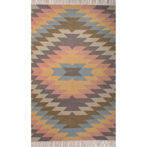 Southwestern/ Tribal Pattern Blue/ Orange Polyester Area Rug (5' x 8