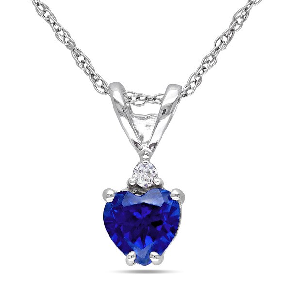10k White Gold Created Blue Sapphire and Diamond Accent Heart Necklace ...