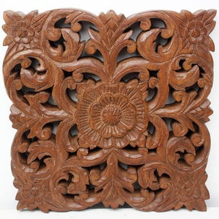 ###  Set of 2 Hand-crafted Brown Acacia Mini Lotus Wall Panel (Thailand)
