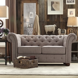 See Reviews TRIBECCA HOME Knightsbridge Grey Linen Tufted Scroll Arm Chesterfield Loveseat