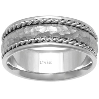 14k White Gold Men's Hammered Comfort-Fit Handmade Wedding Band-Image