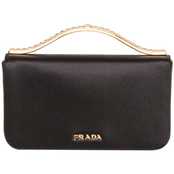 Prada Black Satin Clutch with Rhinestone Handle - 16417499 ...