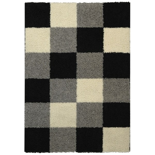 Maxy Home Shag Checkerboard Squares Black Grey Ivory Area Rug (6'7 x 9