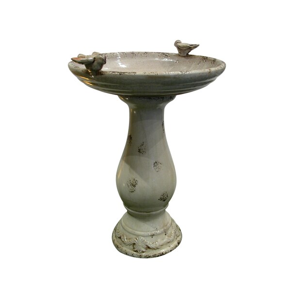Light Brown Antique Ceramic Bird Bath with Two Birds