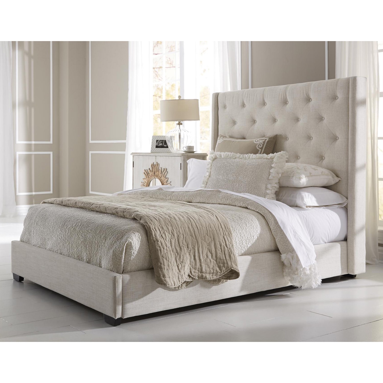 Wingback Button Tufted Cream Queen Size Upholstered Bed Overstock
