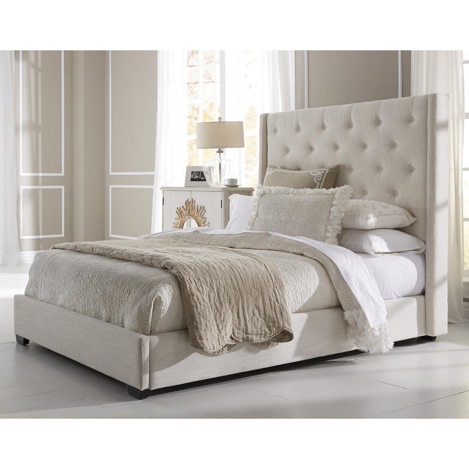 Wingback Button Tufted Cream Queen Size Upholstered Bed - Overstock