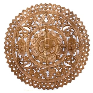 Online Specials  Hand-carved Round Brown Stain Lotus Panel Inlay Wall Decor (Thailand)