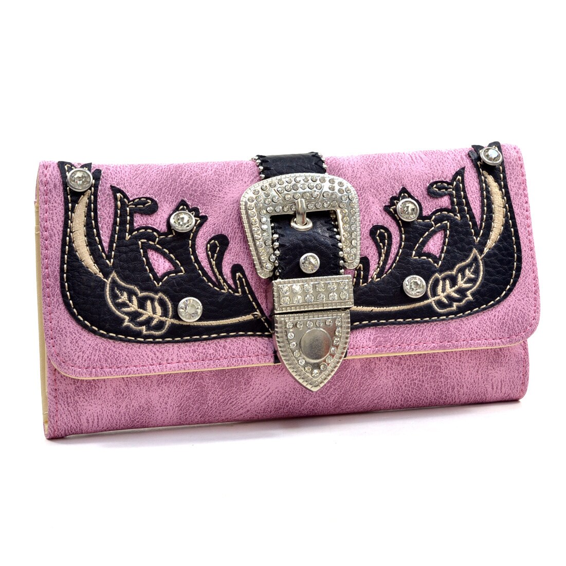 Embroidered Rhinestone Buckle Trifold Western Wallet Overstock