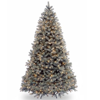 Compare Price 7.5-foot "Feel-Real" Downswept Douglas Blue Fir Hinged Tree with 750 Clear Lights