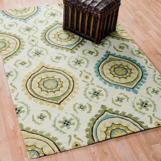 (^.^)/  Hand-hooked Charlotte Ivory/ Aqua Rug (7'6 x 9'6)