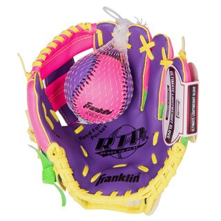 Franklin Sports 9.5-inch Teeball Recreational Purple/ Lime/ Yellow Right Handed Thrower Glove and Ball-Image