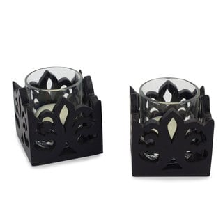 Set of 2 Rain Tree Wood 'Thai Fleur De Lis' Candleholder (Thailand)