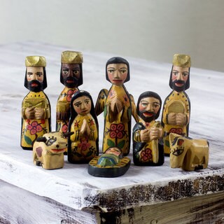 Low Price Set of 9 Pinewood 'Rejoice' Mini Nativity Scene (Guatemala)