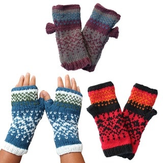 Hand-knit Soft Acrylic Peek-a-boo Fingerless Handwarmers (Nepal)-Image