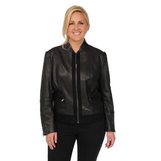 Excelled Women's Plus Size Black Leather Fitted Scuba Jacket-Image