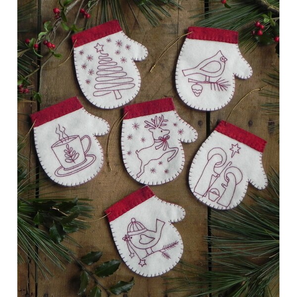 Redwork Mittens Ornament Kit-Set Of Six