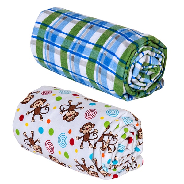 Trend Lab Swaddle Blankets Blue Plaid Monkey Print Flannel (Pack of 2)