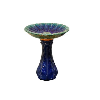 Buy Online Blue Ceramic Birdbath with Turquoise Rim