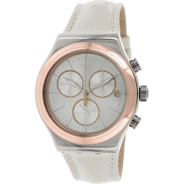 Swatch Men's Irony YVS412 White Leather Silver Dial Swiss Quartz Chronograph Watch 
