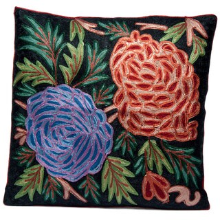 (>_<)  Floral Cushion Cover with Chain Stitch Embroidery (India)
