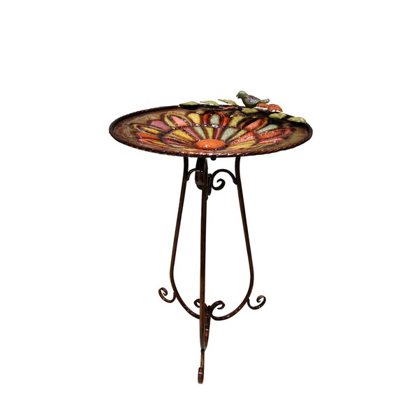 Metal Colorful Birdbath with Bird and Leaves
