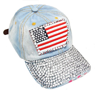 Patriotic USA Flag Distressed Light Denim Rhinestone Baseball Cap-Image