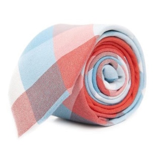 Men's Turquoise and Red Mosaic Plaid Linen Tie-Image