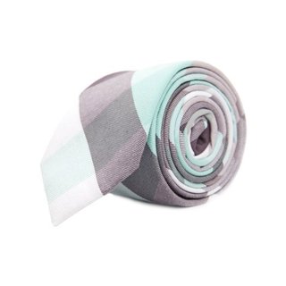 Grey and Blue Linen Blend Mosaic Plaid Tie-Image