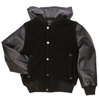 Boys Wool and Leather Sleeve Hooded Bomber Jacket