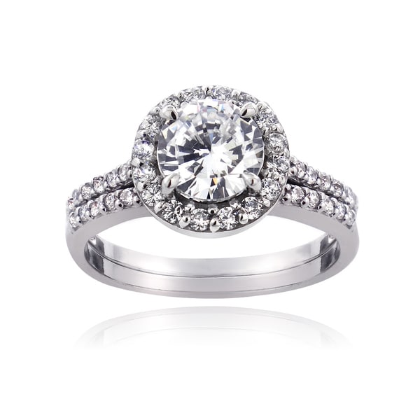 ... Sterling Silver Round-cut Cubic Zirconia Bridal Engagement Ring Set