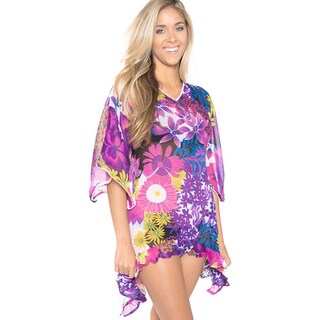 La Leela Purple Floral Asymmetrical Swim Cover-up Chiffon Kaftan-Image