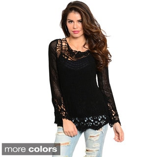 Feellib Women's Long Sleeve Boxy Fit Crochet Lace Top With Round Neckline-Image