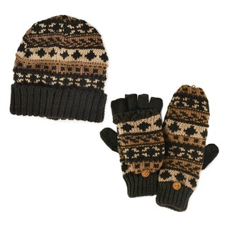 Men's Chunky Fairisle Cuff Chocolate Chip Cap and Flip Mittens Set-Image