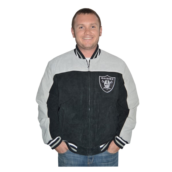 This Oakland Raiders NFL Suede Leather Jacket features a small team logo on the front left chest area and a large team logo embroidered on the